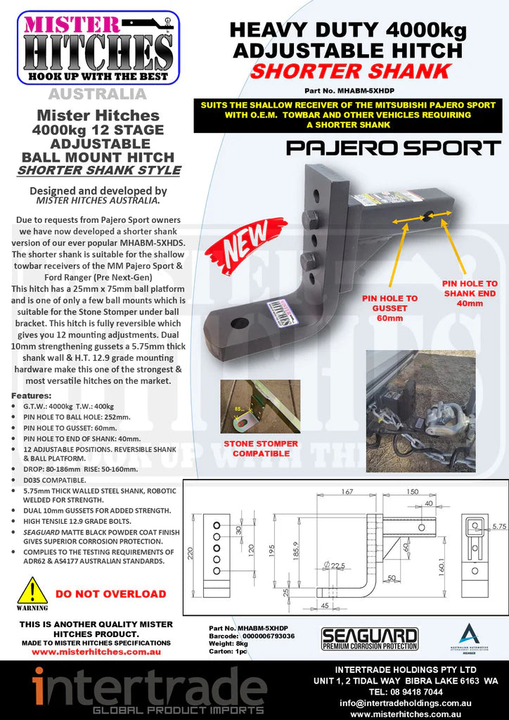Mister Hitches Heavy Duty Adjustable Ball Mount - 4000kg, 12 Stage MHABM-5XHDP