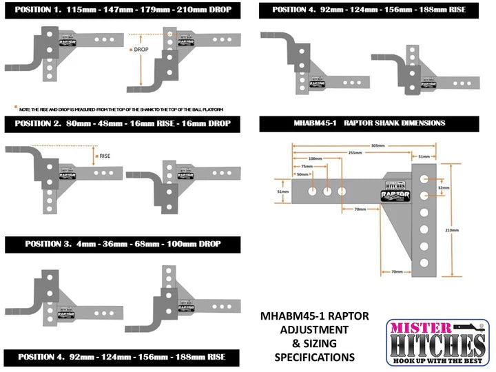 Mister Hitches Raptor Adjustable Ball Mount - 4500kg, 16 Stage MHABM45-1