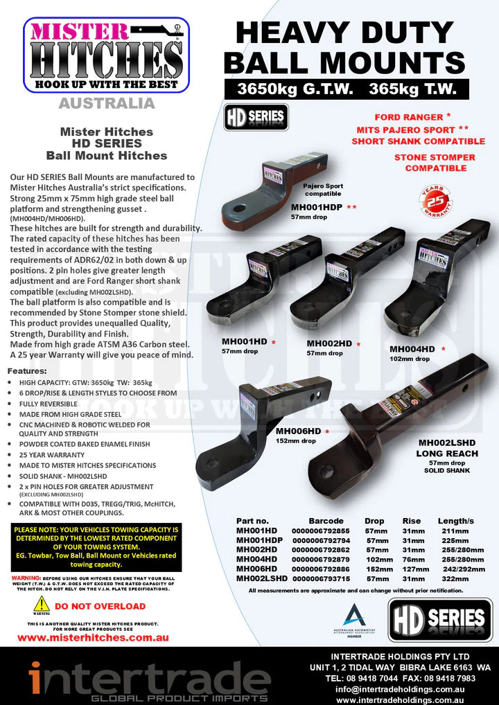 Mister Hitches Heavy Duty Ball Mount - 57mm Drop/31mm Rise, 3650kg MH001HD
