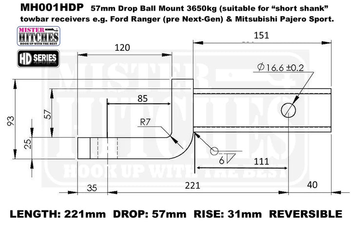 Mister Hitches Pajero Sport Heavy Duty Ball Mount - 57mm Drop/31mm Rise